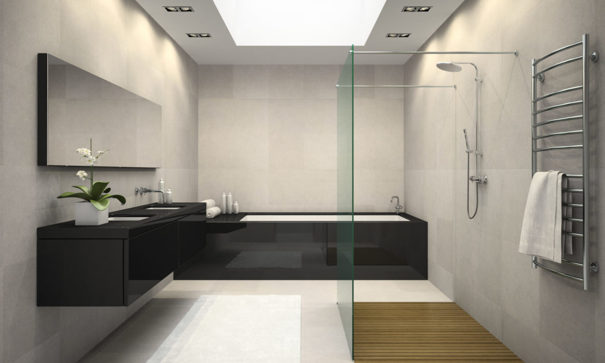 Interior of bathroom with ceiling window 3D rendering